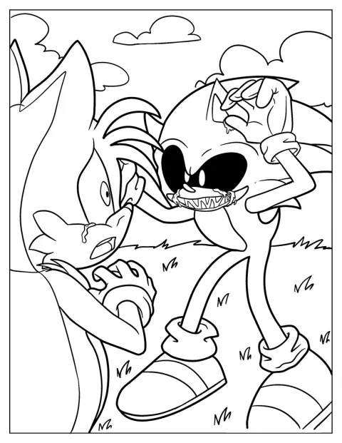 Sonic Exe stoi przed płaczącym Tailsem.