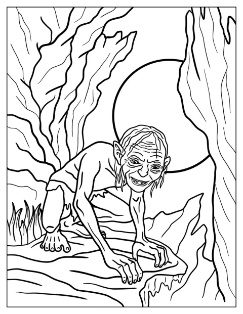 Gollum se agacha con expresión alerta en un entorno oscuro.