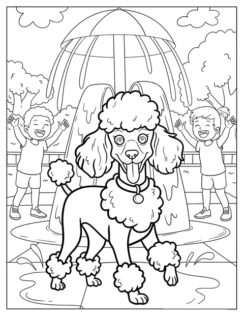 Happy Poodle Coloring Page at Splash Pad with Kids and Water Fountain