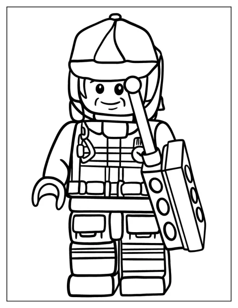 En brandmand fra LEGO står klar med sit udstyr.