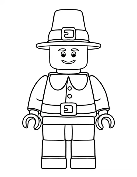 Eine lächelnde Lego-Figur trägt ein Pilgerkostüm.