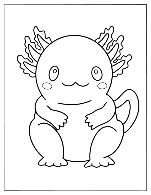 En buttet axolotl sidder stille med sine små gæller strittende.