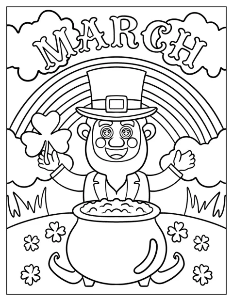 En leprechaun står med en gryde guld til St Patrick’s Day.