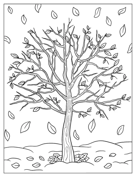 Von einem Herbstbaum fallen Blätter zu Boden.