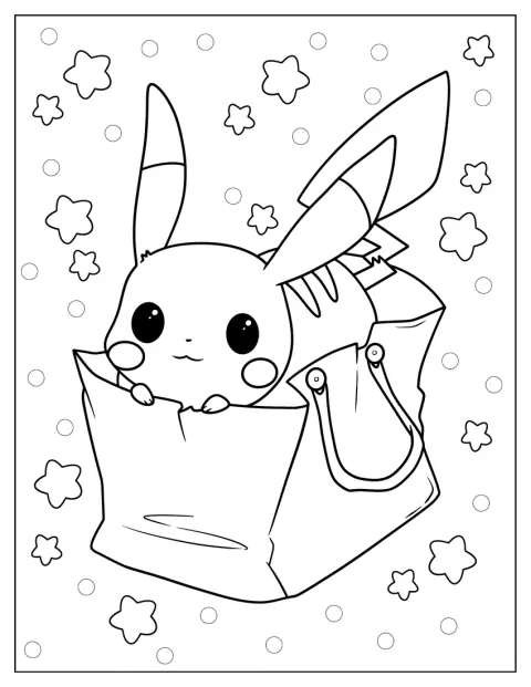 Ein kleines Chibi-Pikachu schaut aus einer Tasche heraus.