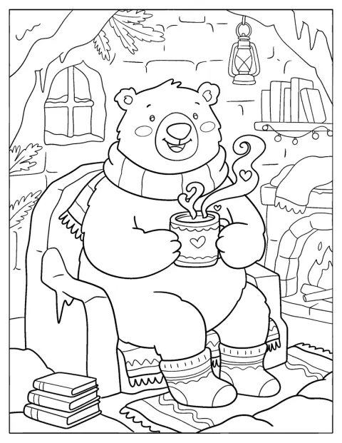Un orso polare tiene tra le zampe una tazza fumante di caffè.