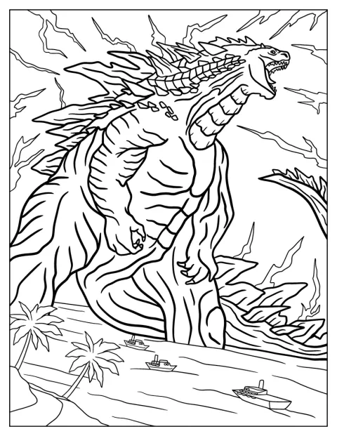 No mar, Godzilla surge sob um céu cortado por relâmpagos.