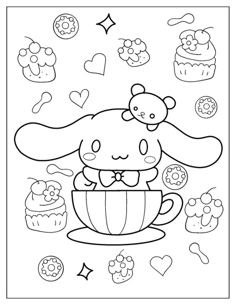 Com um laço ao pescoço, Cinnamoroll está sentado dentro de uma chávena.