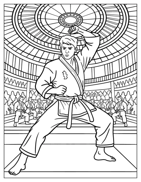 Mistr karate ukazuje přesné bojové pohyby při živé ukázce.