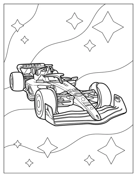 En Ferrari F1-bil suser fram med store hjul og lav front.