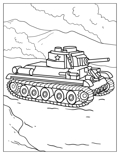 Un char T-34-76 est présenté avec des formes simples.