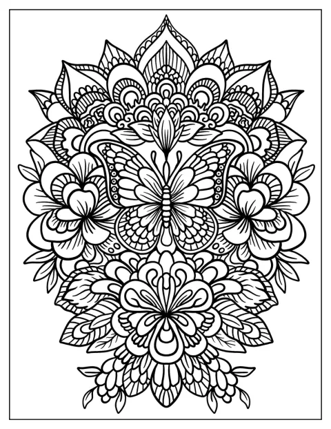 Blumen und Blätter umrahmen ein großes Schmetterlingsmandala.