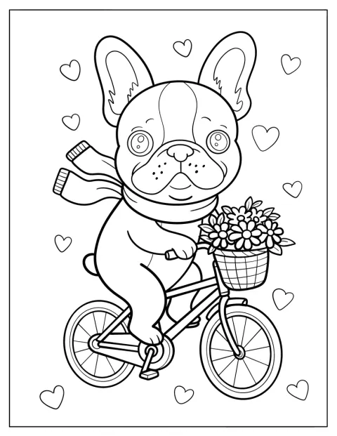 Un bulldog francés de estilo kawaii pedalea en una bicicleta con una cesta de flores.