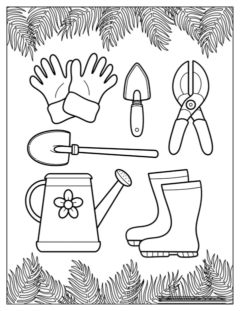 Gardening Boots, Spade, Clippers, Gloves, Shovel, And Watering Can Coloring Page