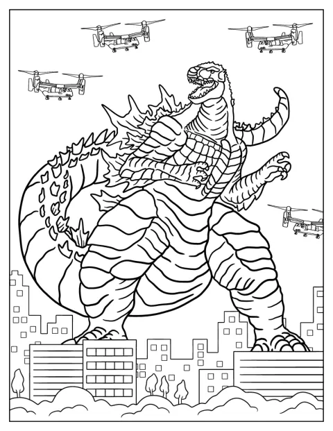 Helikopterek köröznek a magasodó Godzilla körül.