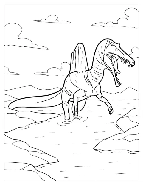 En Spinosaurus går langs vannkanten på stranden.
