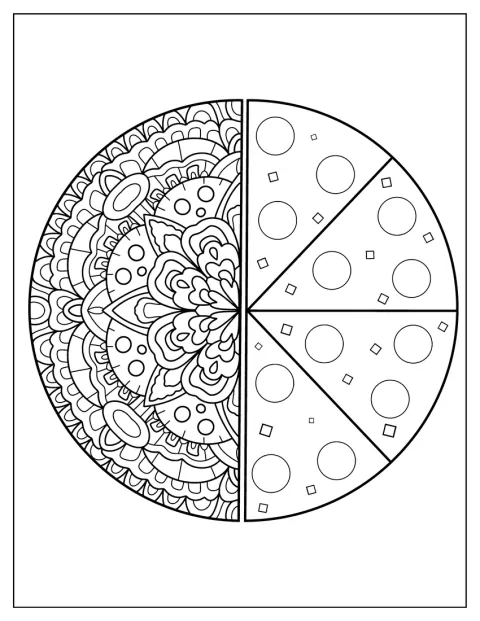 Un mandala combina motivos de pizza dispuestos en un diseño circular.
