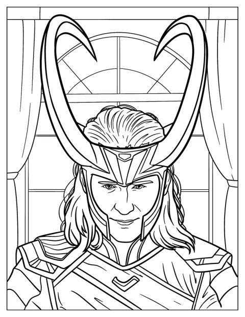 Le visage de Loki apparaît de près, coiffé de son casque à cornes.