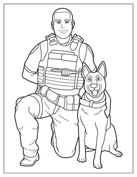 Een politieagent staat naast zijn trouwe K9-hond.
