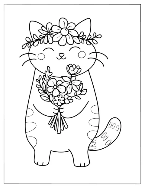 Eine niedliche Katze hält einen großen Blumenstrauß.
