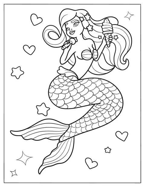 Una sirena canta por un micrófono mientras sostiene un cucurucho de helado.