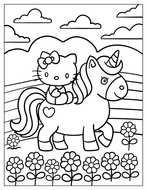 Hello Kitty Sitting On The Back Of A Unicorn Coloring Page For Kids