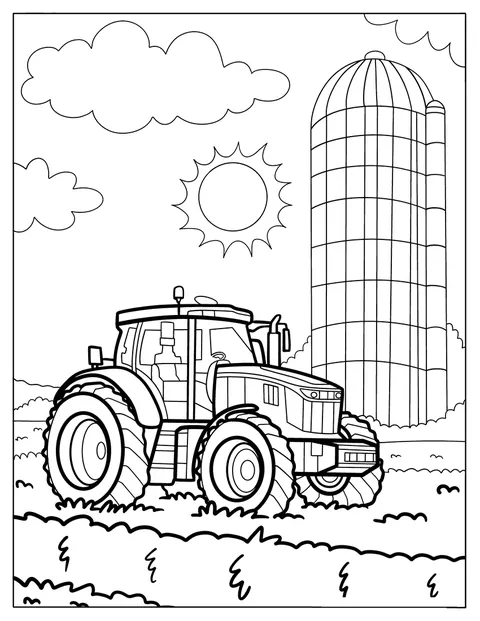 Ein großer Traktor steht neben einem hohen Silo unter der Sonne.