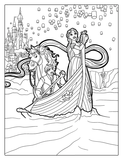 Rapunzel en Eugene zitten samen in een boot tussen de lantaarns.