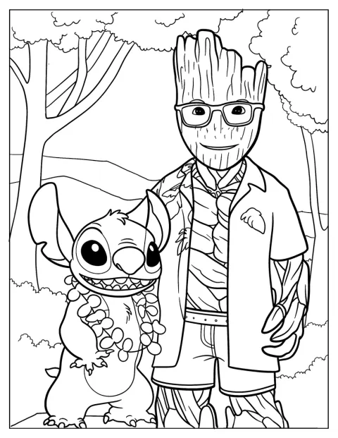 Stitch posa accanto a Groot adolescente, dall'aspetto nerd.