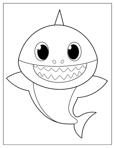 Daddy Shark lächelt mit weit geöffnetem Maul vor weißem Hintergrund.