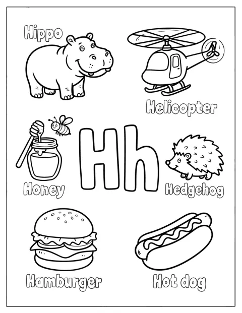 Hの文字のまわりに、はちみつやカバ、ヘリコプター、ハンバーガー、ホットドッグがあります。