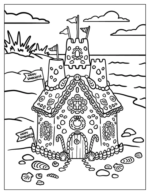 Pe plajă, un castel de nisip este decorat ca o căsuță de turtă dulce.