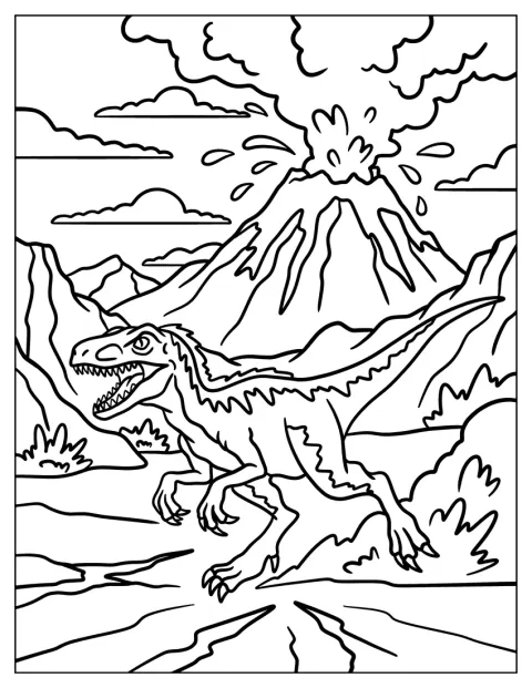 Un Velociraptor corre oltre un vulcano in eruzione.