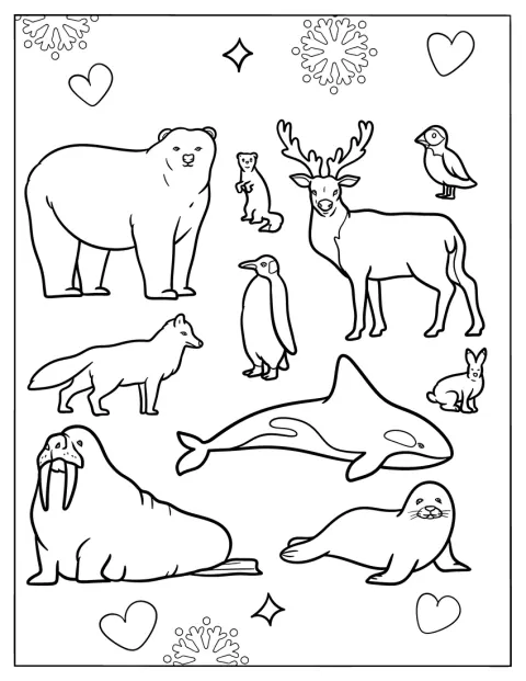 Isbjørn, hare, sæl, hval, ræv, ugle, søpapegøje, hvalros og lemming ses sammen.