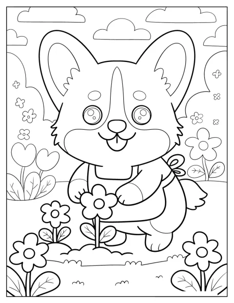 Um Corgi usa um avental enquanto trata do jardim.