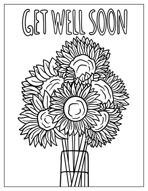 Un mazzo realistico di girasoli è disposto in un vaso accanto a un messaggio di pronta guarigione.