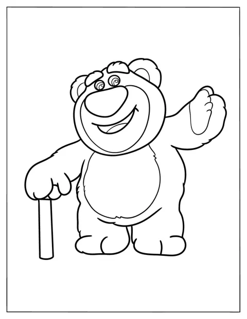 Lots-o-Huggin Bear, ursulețul din Toy Story, stă în picioare.