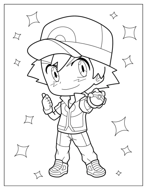 En söt chibifigur av Ash håller upp en Pokéboll.