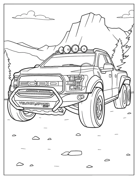 Een Ford Velociraptor staat tussen de bomen, van voren bekeken.