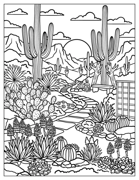 Saguaroer, figenkaktus, agave og echeveria vokser i et ørkenlandskab.