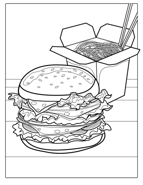 Vedle sebe jsou zobrazené lákavé burgery a porce nudlí.