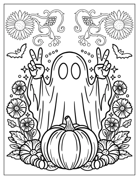 Um fantasma faz o sinal da paz atrás de uma grande abóbora e de flores.
