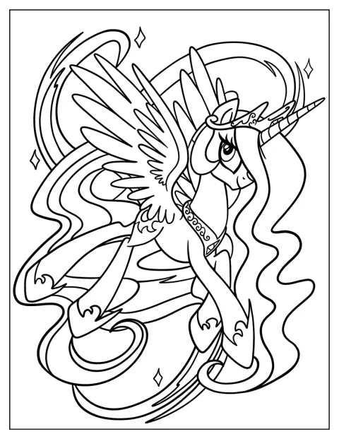 Princezna Celestia letí s roztaženými křídly.