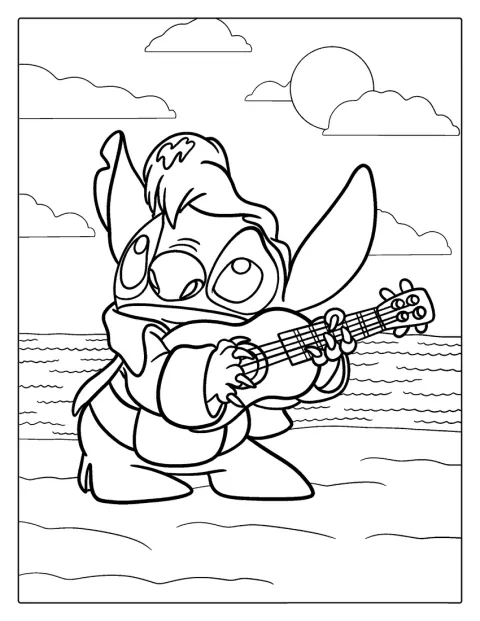 Stitch klædt ud som Elvis spiller på guitar.