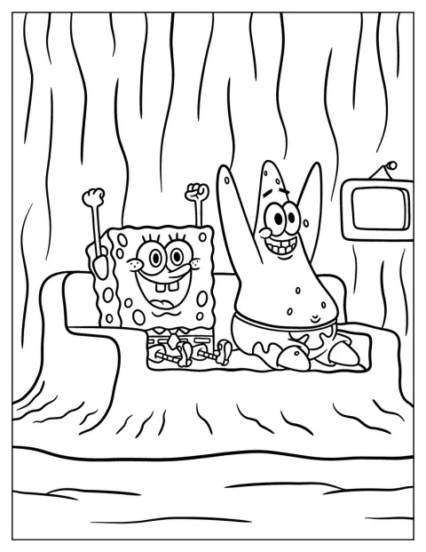 Seduti sul divano, SpongeBob e Patrick Stella esultano insieme.