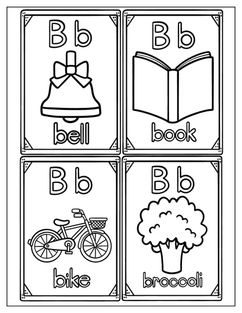 Campana, libro, bicicletta e broccoli illustrano la lettera B su schede.