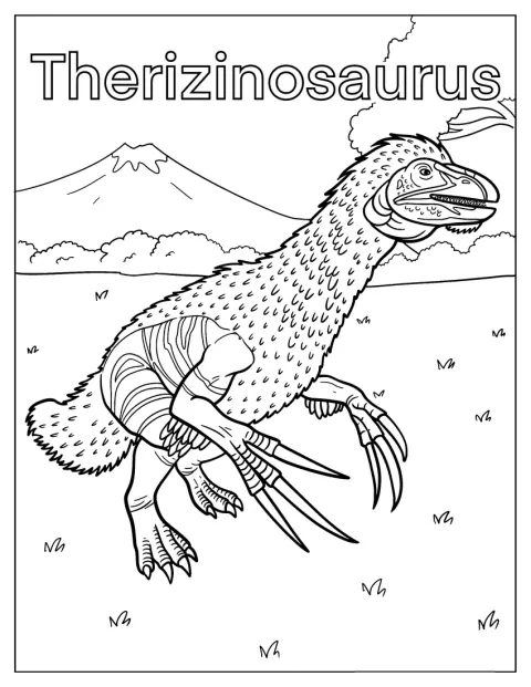 En Therizinosaurus ligger og hviler på gresset.