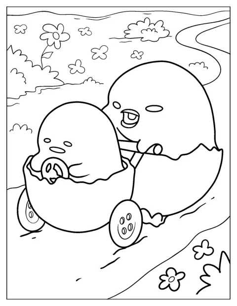 Gilbird pousse Gudetama installé dans une poussette en forme de coquille.