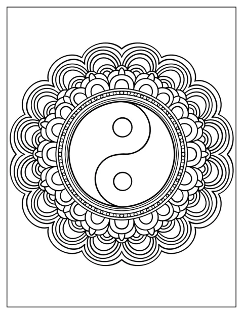 Motivi floreali decorano il simbolo Yin e Yang al centro di un mandala.