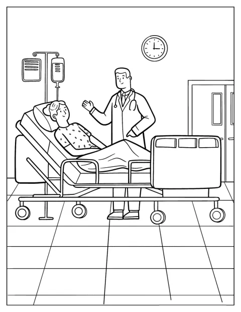 Um médico examina um paciente deitado numa cama.